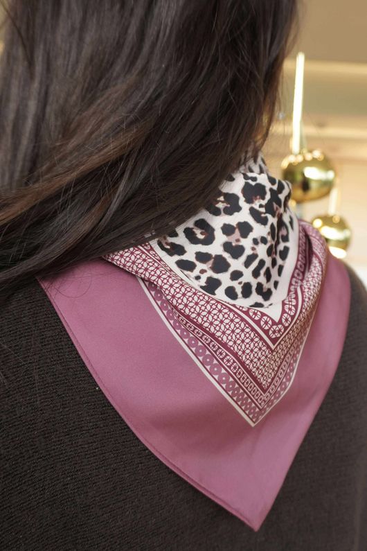 Leopard & Tile Border Triangle Silk Neckerchief Deep Rose